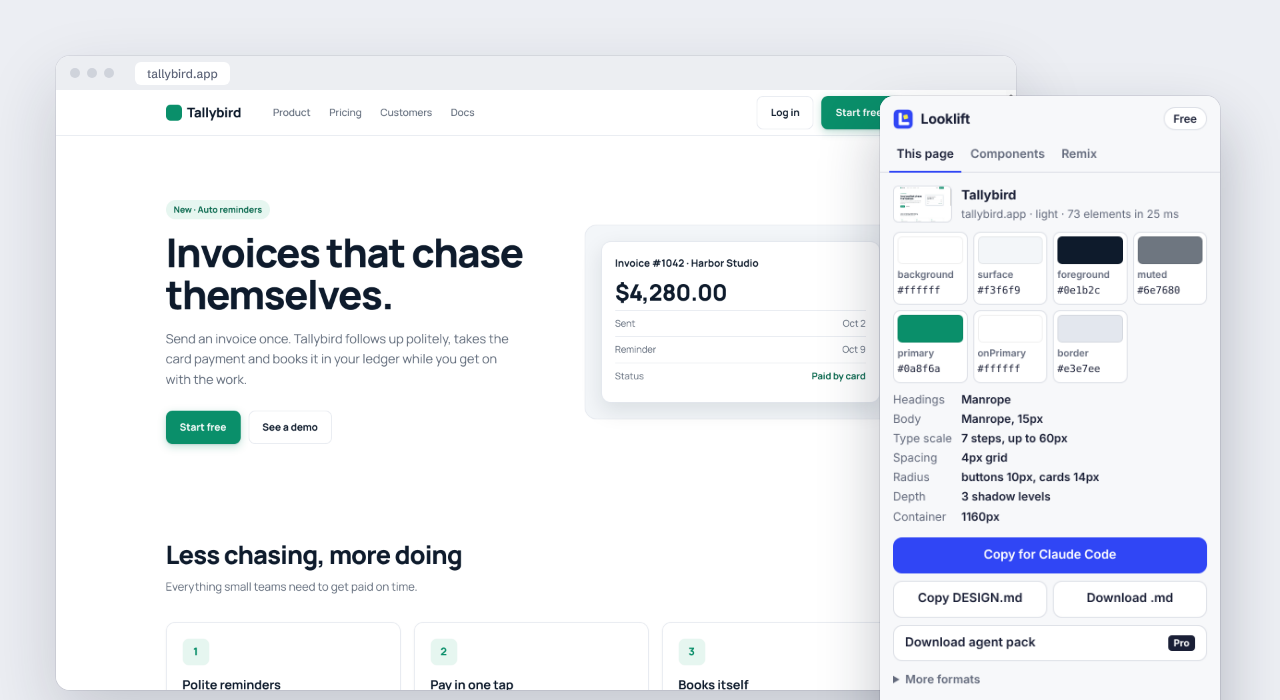 Looklift popup showing color roles, fonts and spacing lifted from a demo website
